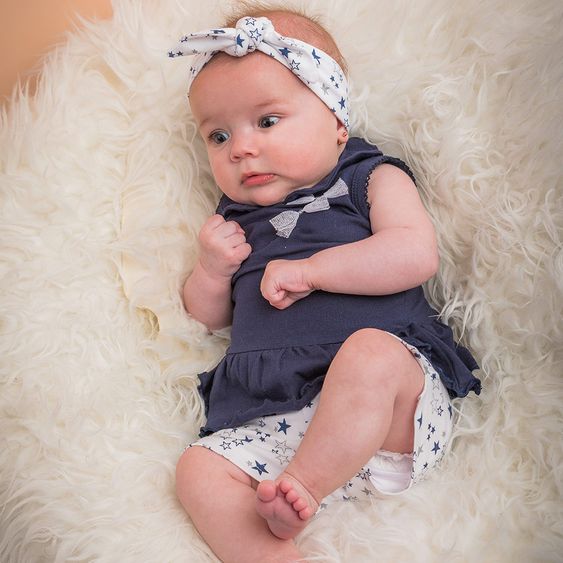 Dirkje 3-tlg. Set Kleid + Shorts + Stirnband - Sterne Weiß Blau - Gr. 62