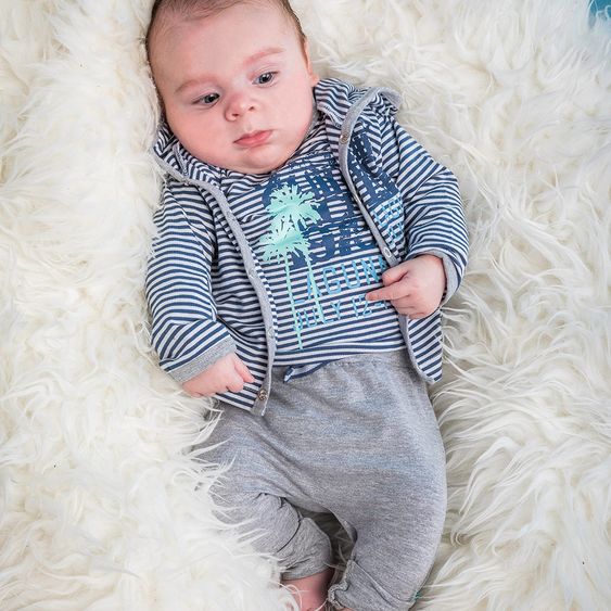 Dirkje 3-tlg. Set Langarmshirt + Hose + Jacke - Beach Streifen Blau Weiß Grau - Gr. 56