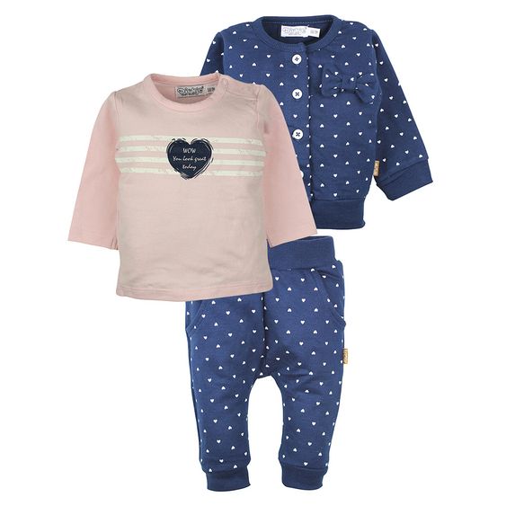 Dirkje 3-tlg. Set Langarmshirt + Hose + Jacke - Herzen Navy Rosa - Gr. 68