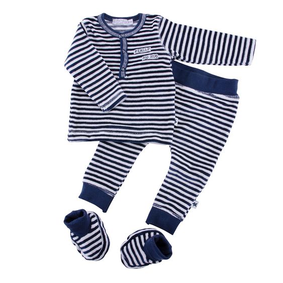 Dirkje 3-tlg. Set Langarmshirt + Hose + Schuhe - Streifen Offwhite Navy - Gr. 56