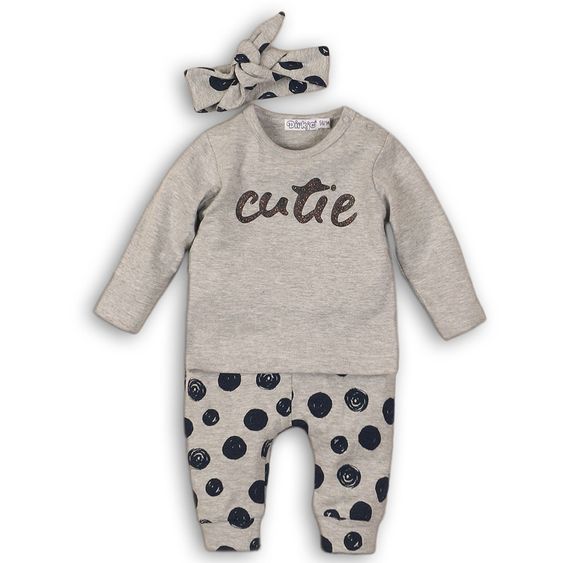 Dirkje 3 tlg. Set Langarmshirt + Hose + Stirnband Cutie - Punkte Grau Melange - Gr. 56