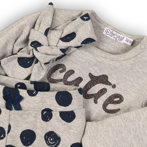 Dirkje 3 tlg. Set Langarmshirt + Hose + Stirnband Cutie - Punkte Grau Melange - Gr. 56