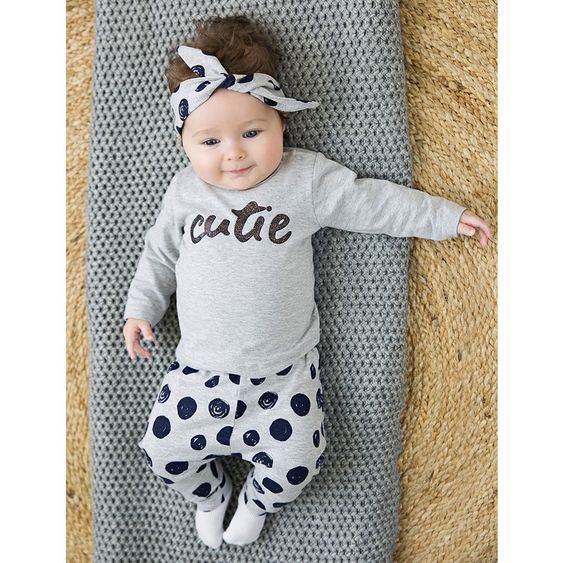 Dirkje 3 tlg. Set Langarmshirt + Hose + Stirnband Cutie - Punkte Grau Melange - Gr. 56