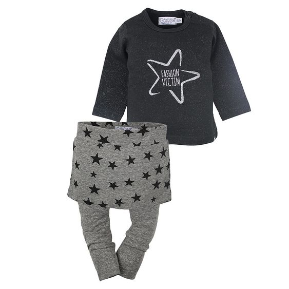 Dirkje 3-tlg. Set Langarmshirt + Rock + Leggings - Fashion Victim Schwarz Grau Melange - Gr. 62