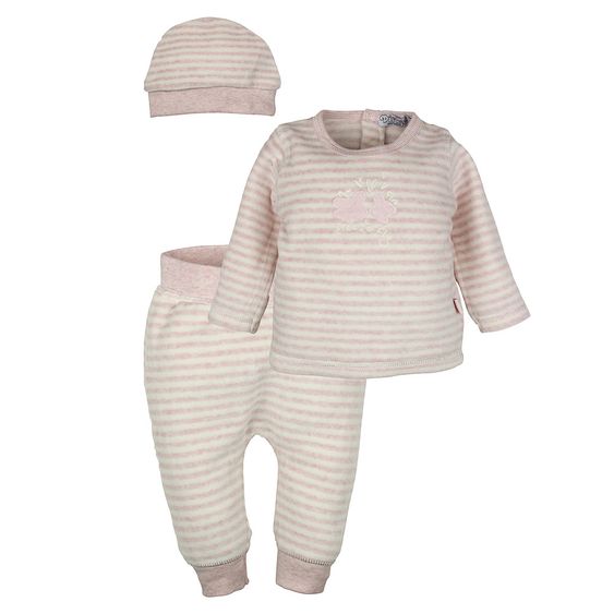 Dirkje 3-tlg. Set Nicki Langarmshirt + Hose + Mütze - Streifen Rosa Offwhite - Gr. 56