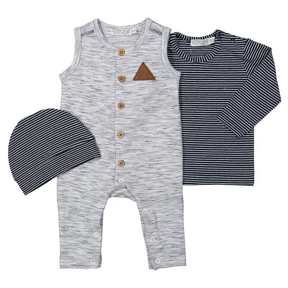 Dirkje 3 tlg. Set Overall + Langarmshirt + Mütze Fresh - Streifen Dunkelblau Grau - Gr. 50
