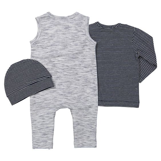 Dirkje 3 tlg. Set Overall + Langarmshirt + Mütze Fresh - Streifen Dunkelblau Grau - Gr. 50