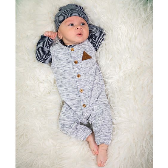 Dirkje 3 tlg. Set Overall + Langarmshirt + Mütze Fresh - Streifen Dunkelblau Grau - Gr. 50