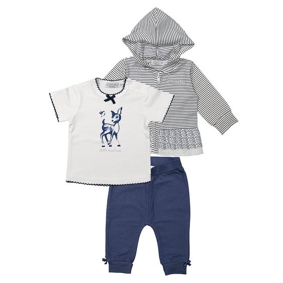 Dirkje 3-tlg. Set T-Shirt + Hose + Jacke - Reh Streifen Punkte Weiß Blau - Gr. 56