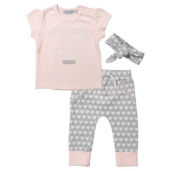 Dirkje 3-tlg. Set T-Shirt + Leggings + Stirnband - Herzen Grau Melange Rosa - Gr. 56