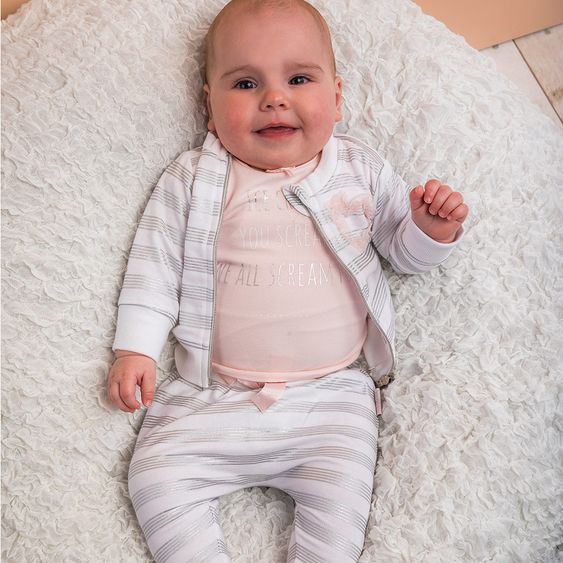 Dirkje Hose mit Rosa Schleife - Streifen Weiß Silber - Gr. 56