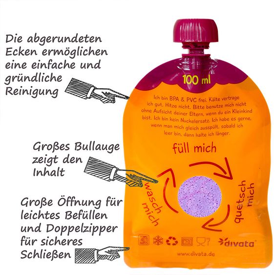 Divata 10er Pack - Quetschies - wiederverwendbare Quetschbeutel - 100ml