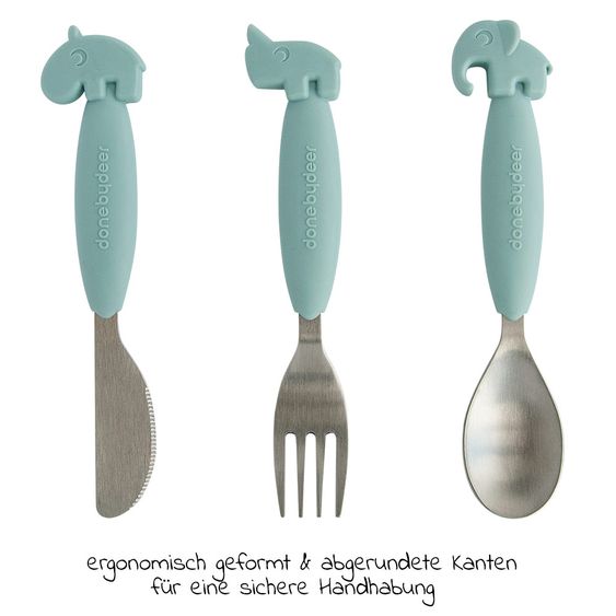 Done by Deer Set di posate in acciaio inox da 3 pezzi con manico in silicone - Yummy Plus - Blu