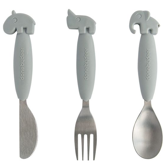 Done by Deer 3-piece Eating Cutlery Set Stainless Steel with Silicone Handle - Yummy Plus - Grey