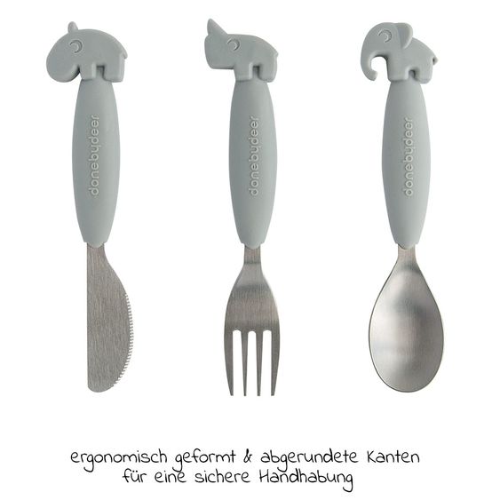 Done by Deer 3-piece Eating Cutlery Set Stainless Steel with Silicone Handle - Yummy Plus - Grey