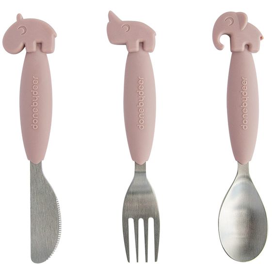 Done by Deer 3pcs Eating Cutlery Set Stainless Steel with Silicone Handle - Yummy Plus - Pink