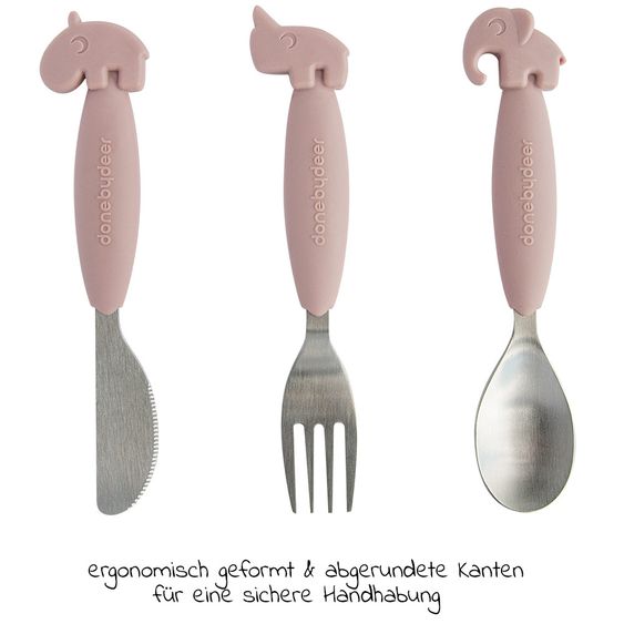 Done by Deer Set di posate in acciaio inox da 3 pezzi con manico in silicone - Yummy Plus - Rosa