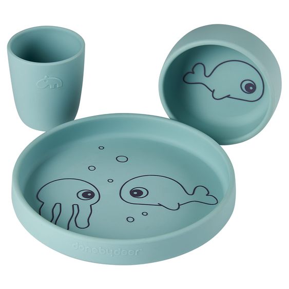 Done by Deer Set da 3 pezzi in silicone per mangiare e bere - Amici del mare - Blu