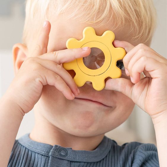 Done by Deer Wooden building blocks 34 pieces with mirror, rattle & kaleidoscope lens in box with handle - Deer Friends