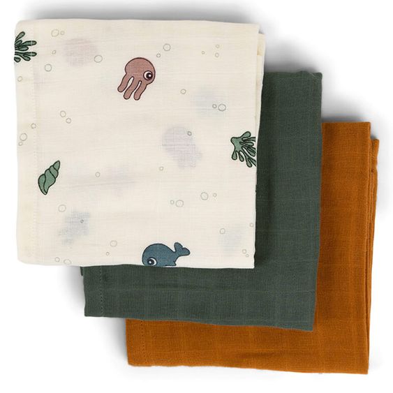 Done by Deer Mullwindel / Mulltuch / Pucktuch - 3er Pack - Organic Cotton - 70 x 70 cm - Sea Friends