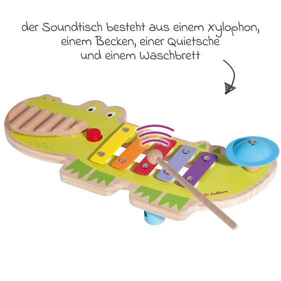 Eichhorn Crocodile music table - with xylophone, cymbal, squeaker and washboard