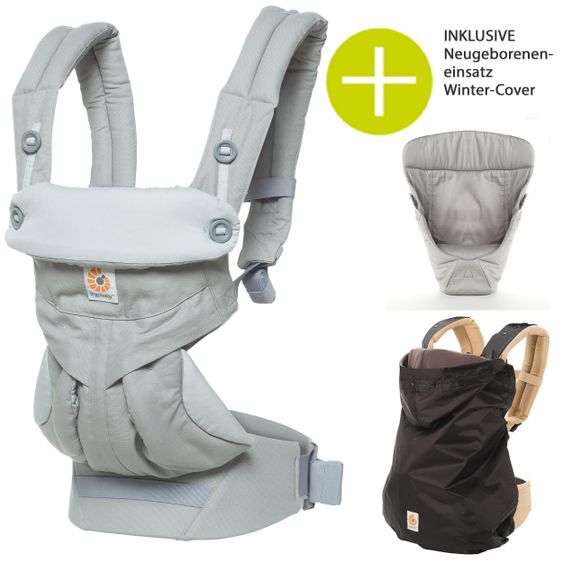 Ergobaby Babytrage 360 von Geburt an inkl. Neugeboreneneinsatz Easy Snug Grey & 2 in 1 Wintercover - Pearl Grey