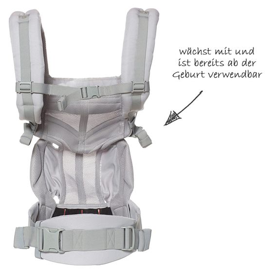 Ergobaby Babytrage Omni 360 Cool Air Mesh mit 4 Tragepositionen mit Lordosestütze - Grey Pink Dots