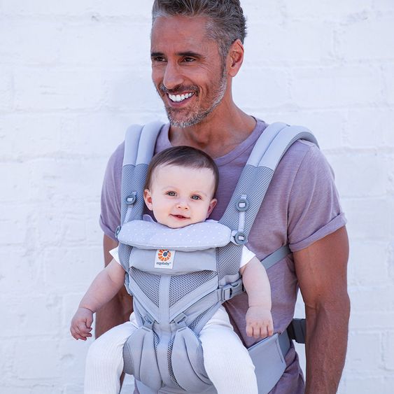 Ergobaby Babytrage Omni 360 Cool Air Mesh mit 4 Tragepositionen mit Lordosestütze - Grey Pink Dots