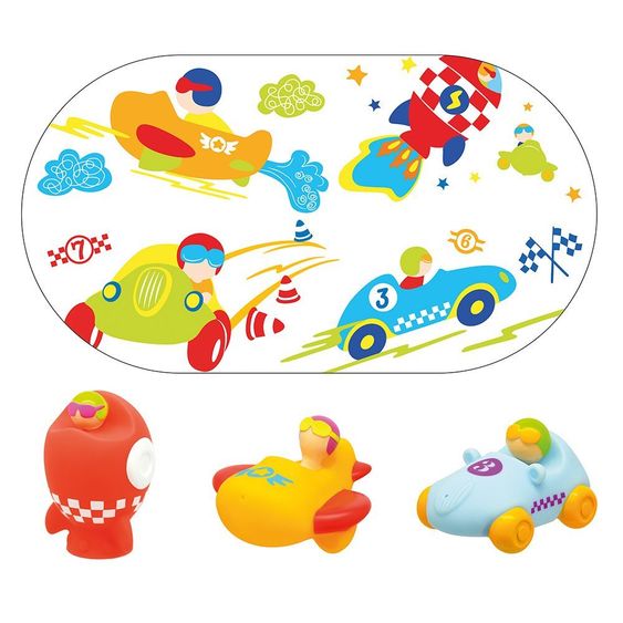 Escabbo Badewannen-Matte mit 3 Spritzfiguren - Fahrzeuge Vroom