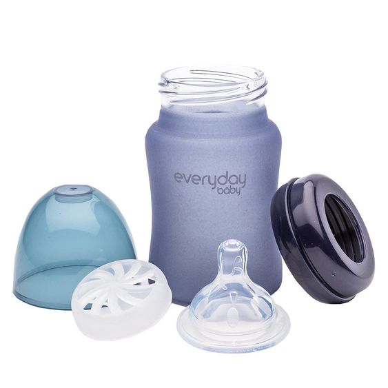 Everyday Baby Glass bottle with silicone jacket and heat sensor 150 ml - silicone size S - Blueberry