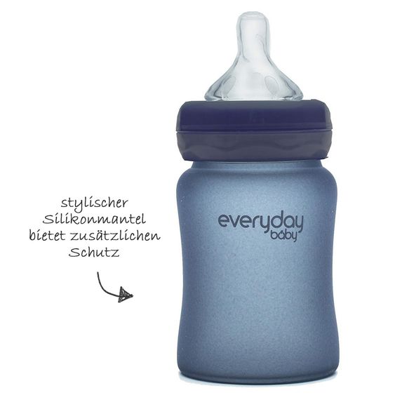 Everyday Baby Glass bottle with silicone jacket and heat sensor 150 ml - silicone size S - Blueberry