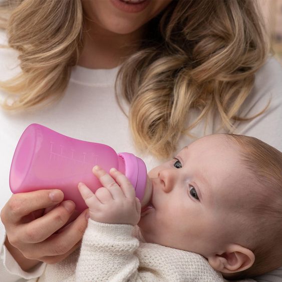 Everyday Baby Glas-Flasche mit Silikonmantel und Wärmesensor 150 ml - Silikon Gr. S - Pink