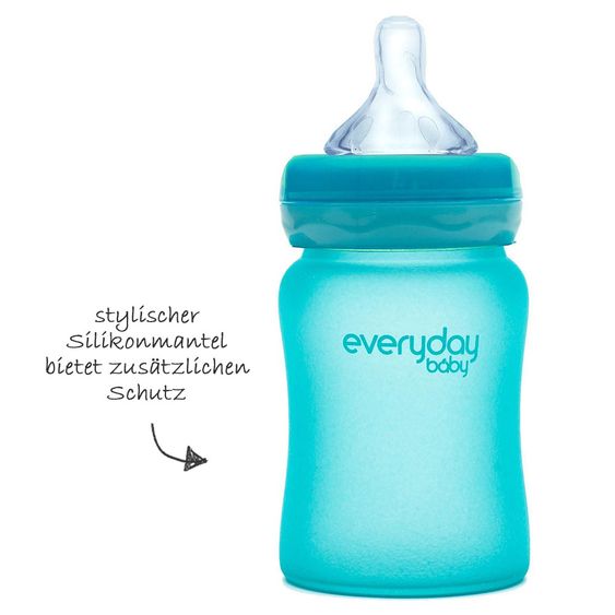 Everyday Baby Glas-Flasche mit Silikonmantel und Wärmesensor 150 ml - Silikon Gr. S - Turquoise