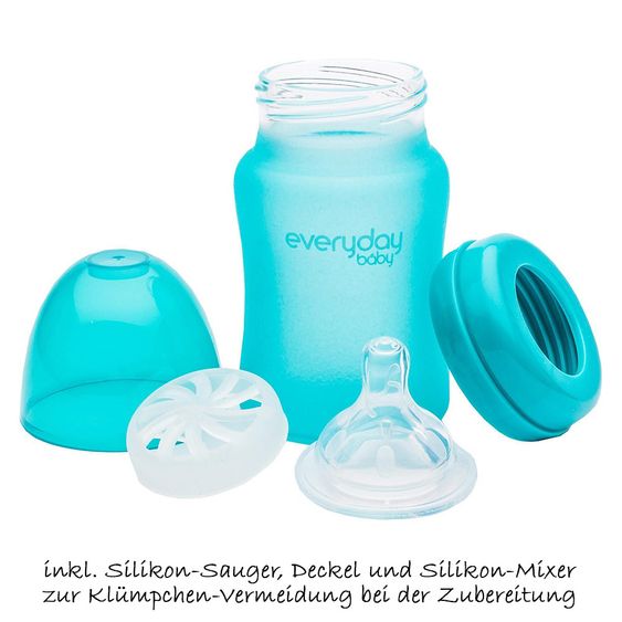 Everyday Baby Glas-Flasche mit Silikonmantel und Wärmesensor 150 ml - Silikon Gr. S - Turquoise