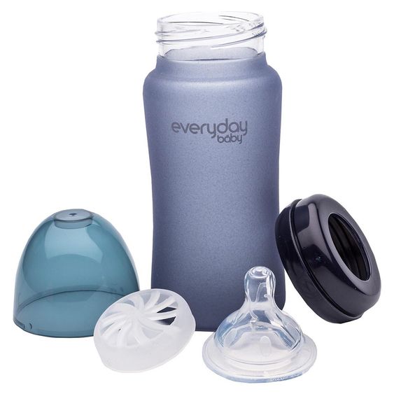 Everyday Baby Glas-Flasche mit Silikonmantel und Wärmesensor 240 ml - Silikon Gr. M - Blueberry