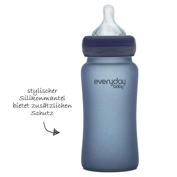 Everyday Baby Glas-Flasche mit Silikonmantel und Wärmesensor 240 ml - Silikon Gr. M - Blueberry