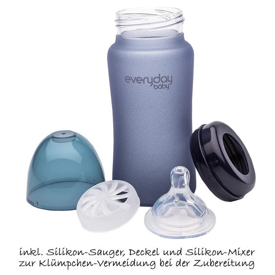 Everyday Baby Glas-Flasche mit Silikonmantel und Wärmesensor 240 ml - Silikon Gr. M - Blueberry