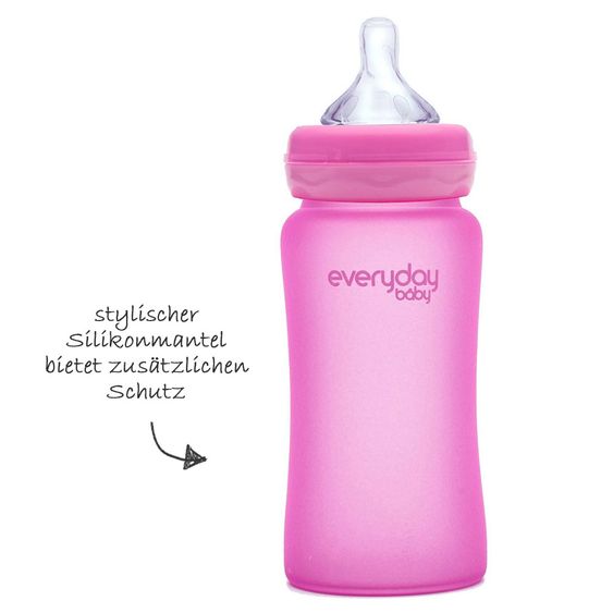 Everyday Baby Glass bottle with silicone jacket and heat sensor 240 ml - silicone size M - Pink