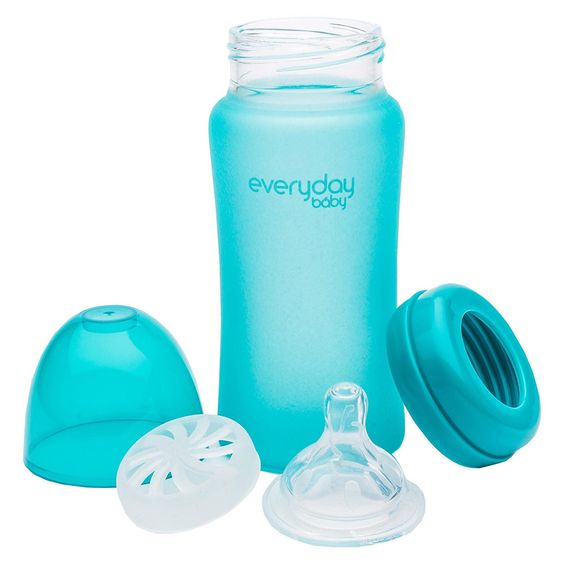 Everyday Baby Glass bottle with silicone jacket and heat sensor 240 ml - silicone size M - Turquoise