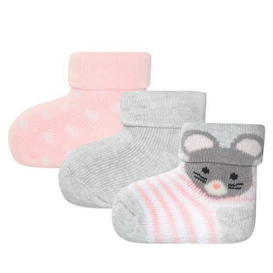 Ewers Erstlingssocken 3er Pack - Maus - Grau Rosa - Gr. 0 - 4 Monate