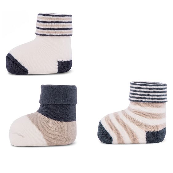 Ewers Erstlingssocken 3er Pack - Streifen - Dunkelblau Offwhite Beige - Gr. 0 - 4 Monate