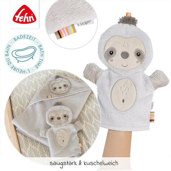 Fehn 2-tlg. Bade-Set - Kapuzenbadetuch & Waschhandschuh - Faultier