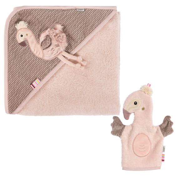 Fehn 2-tlg. Bade-Set - Kapuzenbadetuch & Waschhandschuh - Flamingo