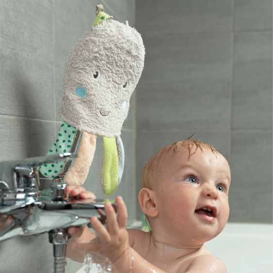 Fehn Set da bagno 2 pezzi - telo da bagno con cappuccio e guanto da bagno polipo - bambini del mare