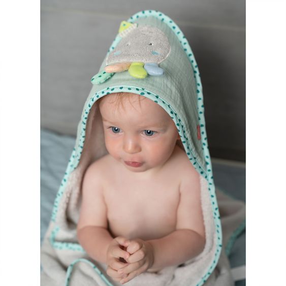 Fehn Set da bagno 2 pezzi - telo da bagno con cappuccio e guanto da bagno polipo - bambini del mare