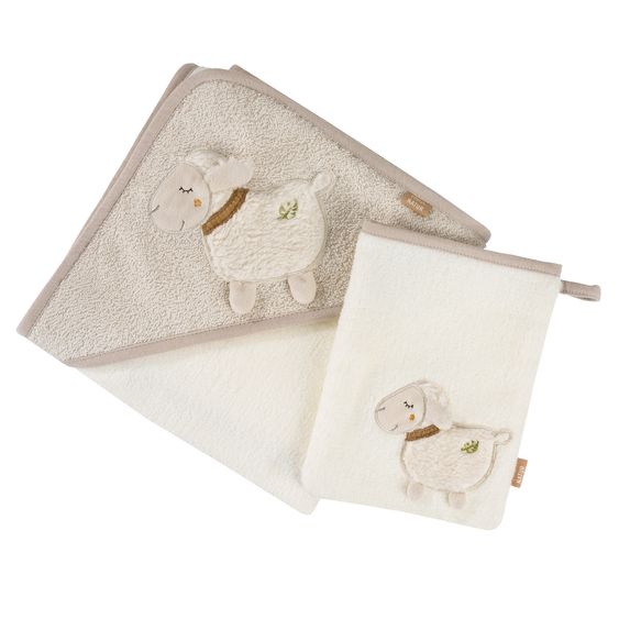 Fehn 2-piece bath set hooded bath towel & wash glove - sheep