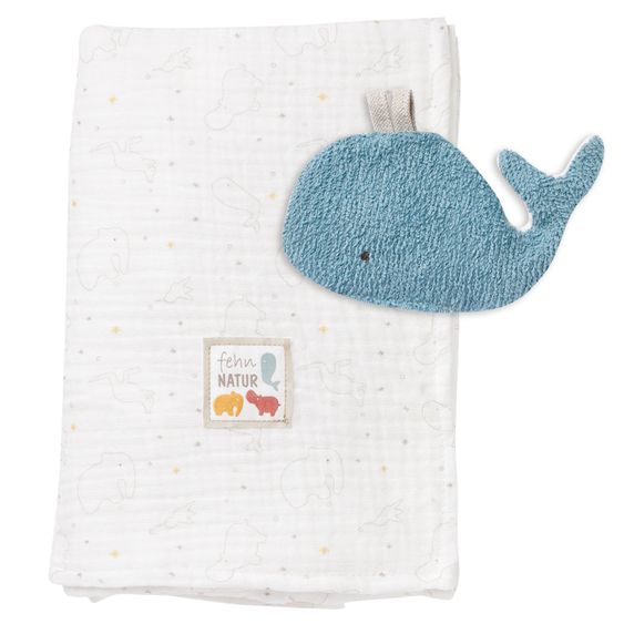 Fehn 2-piece set cuddly blanket + crackle whale NATURE muslin organic cotton 100 x 135 cm