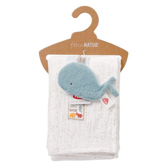 Fehn 2-piece set cuddly blanket + crackle whale NATURE muslin organic cotton 100 x 135 cm