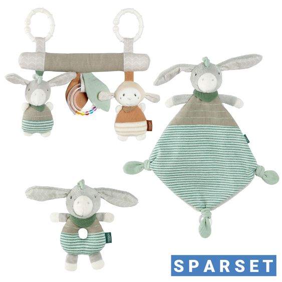 Fehn 3-tlg Geschenk-Set zur Geburt Activity-Trapez, Schmusetuch & Ring-Greifling - Esel & Schaf