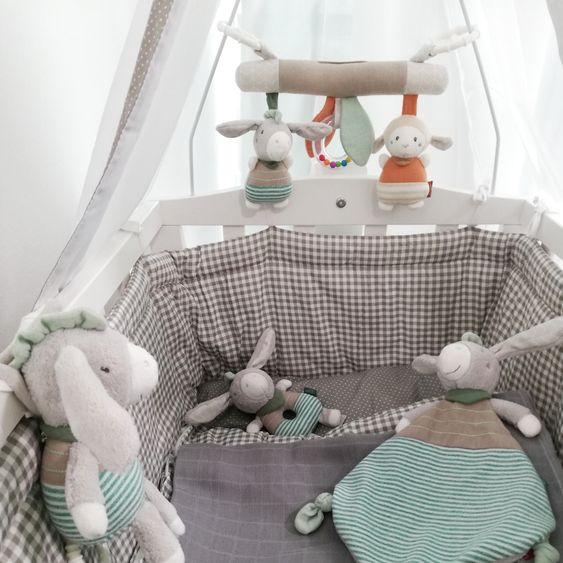 Fehn 3-tlg Geschenk-Set zur Geburt Activity-Trapez, Schmusetuch & Ring-Greifling - Esel & Schaf